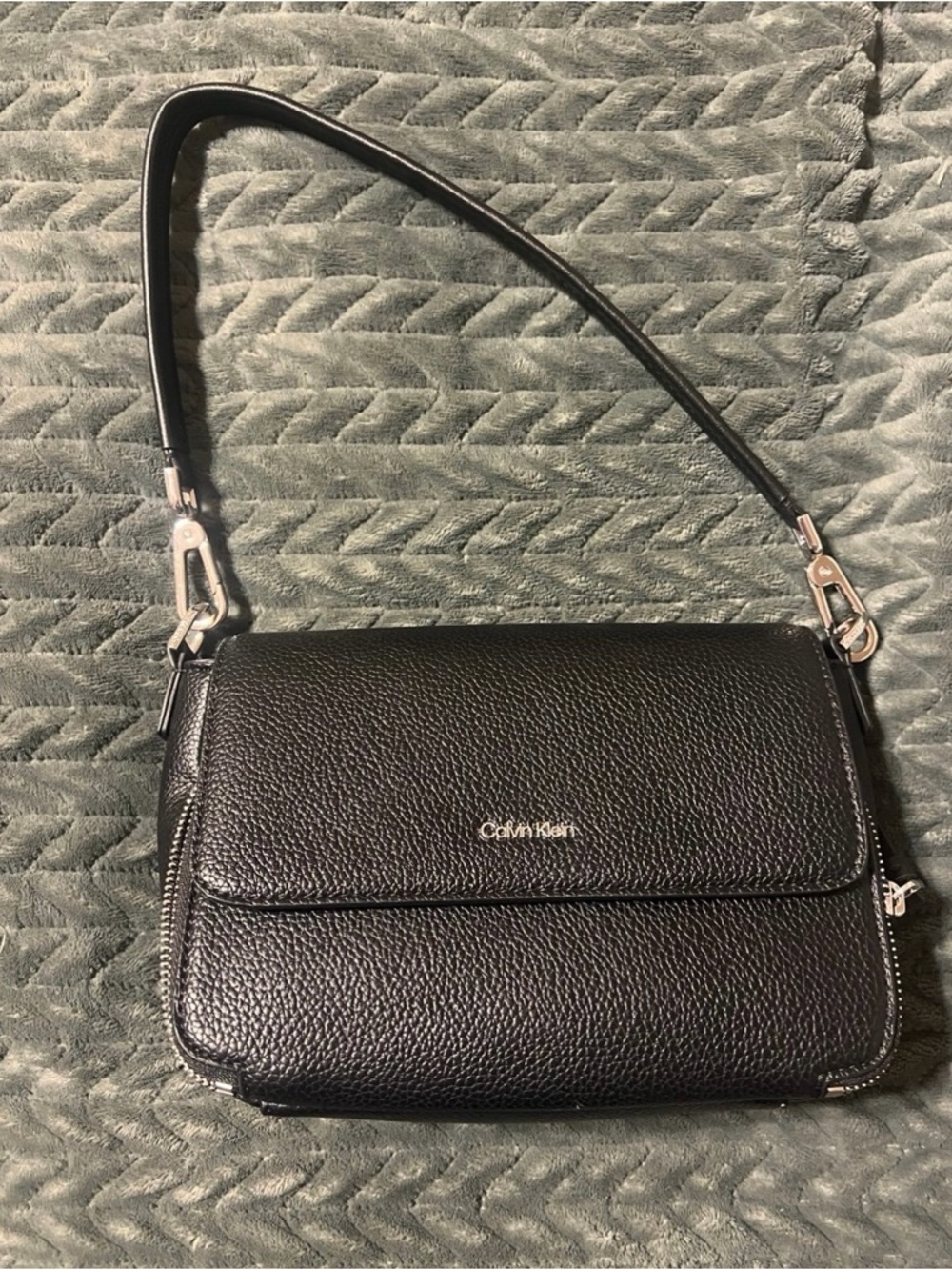 Calvin Klein Black Pebbled Leather Crossbody Shoulder Bag with Silver Hardware